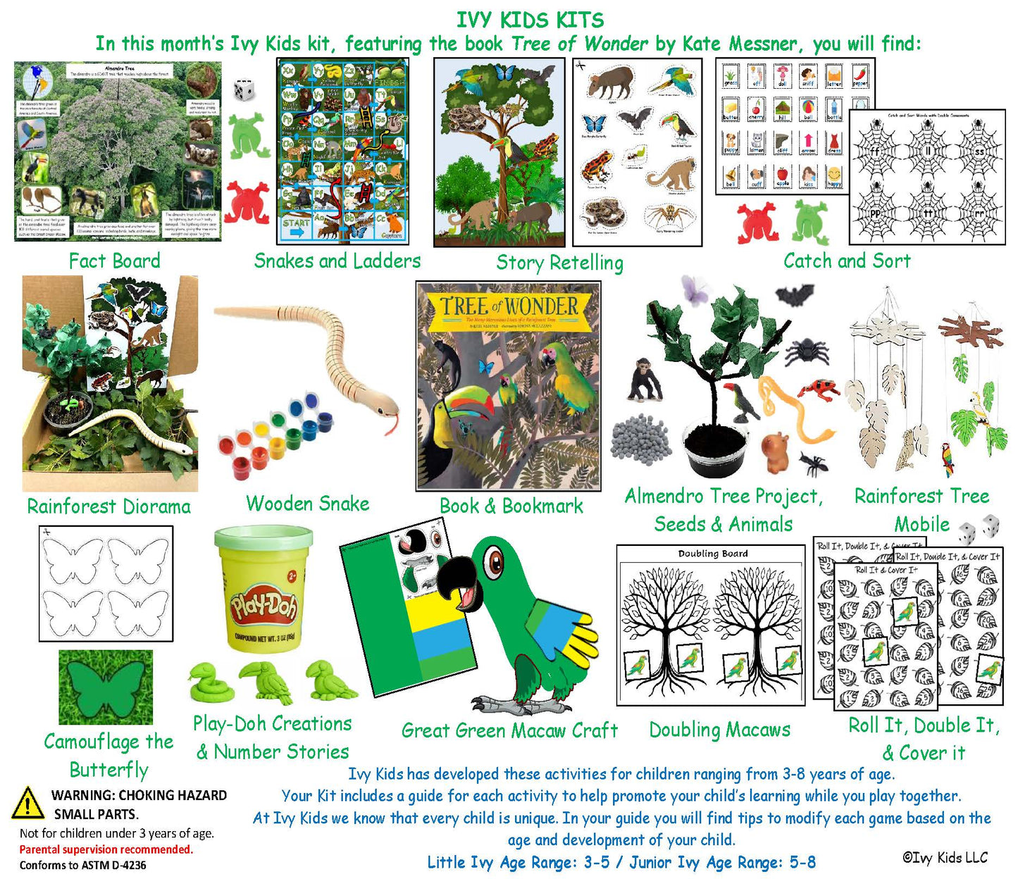 IVY Kids Kit with various educational materials and toys for children, including a tree of wonder book and rainforest-themed items.