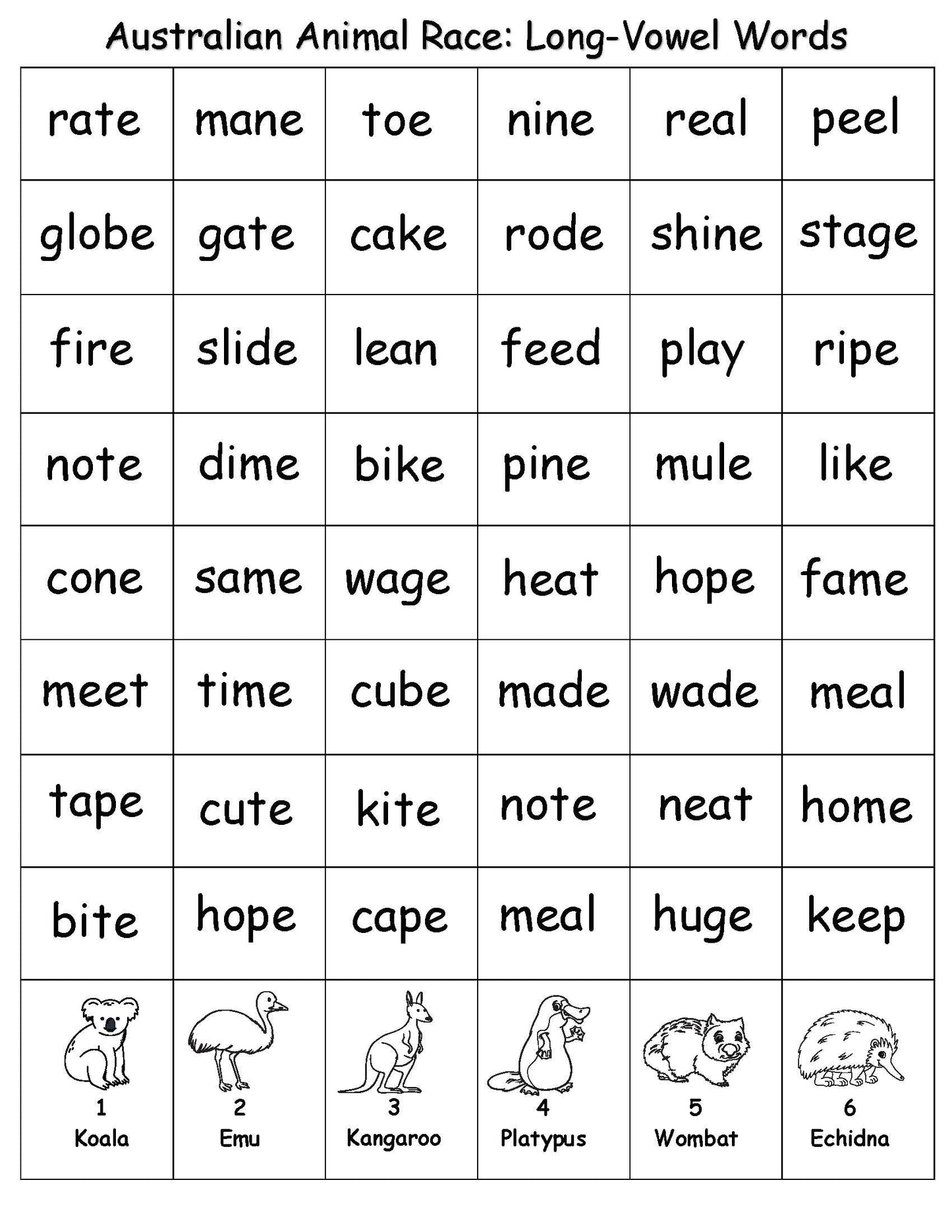 Australian Animal Race Long Vowel Sound Game
