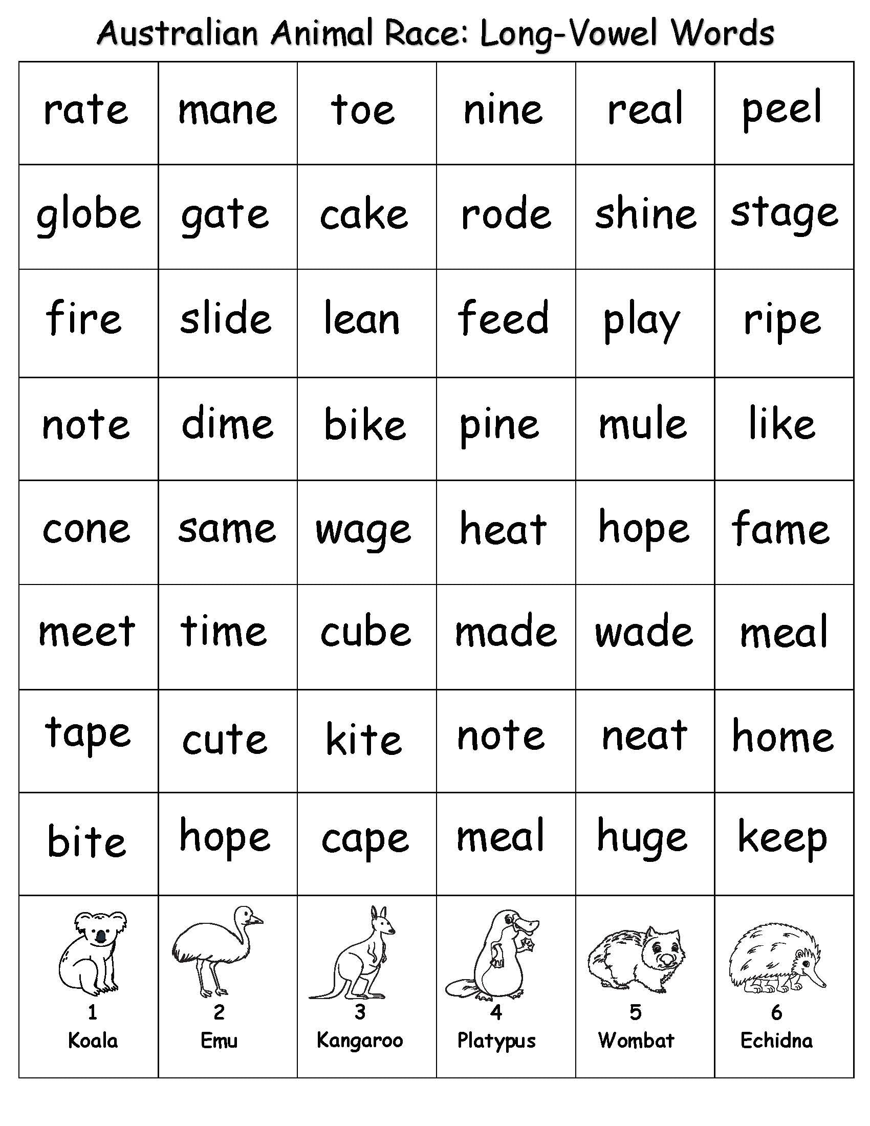 Australian Animal Race Long Vowel Sound Game