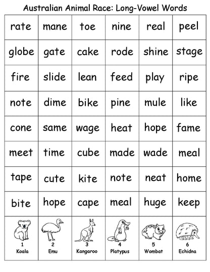 Australian Animal Race Long Vowel Sound Game