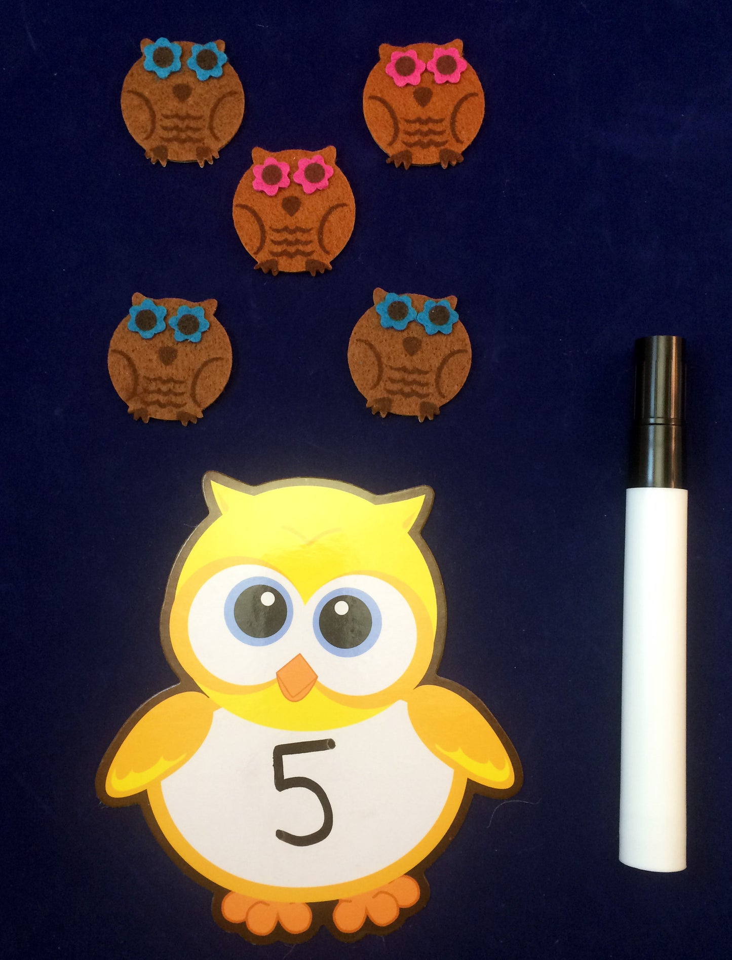 Math Activity - Owl Number Stories using felt owls and owl dry-erase boards inspired by Owl Babies