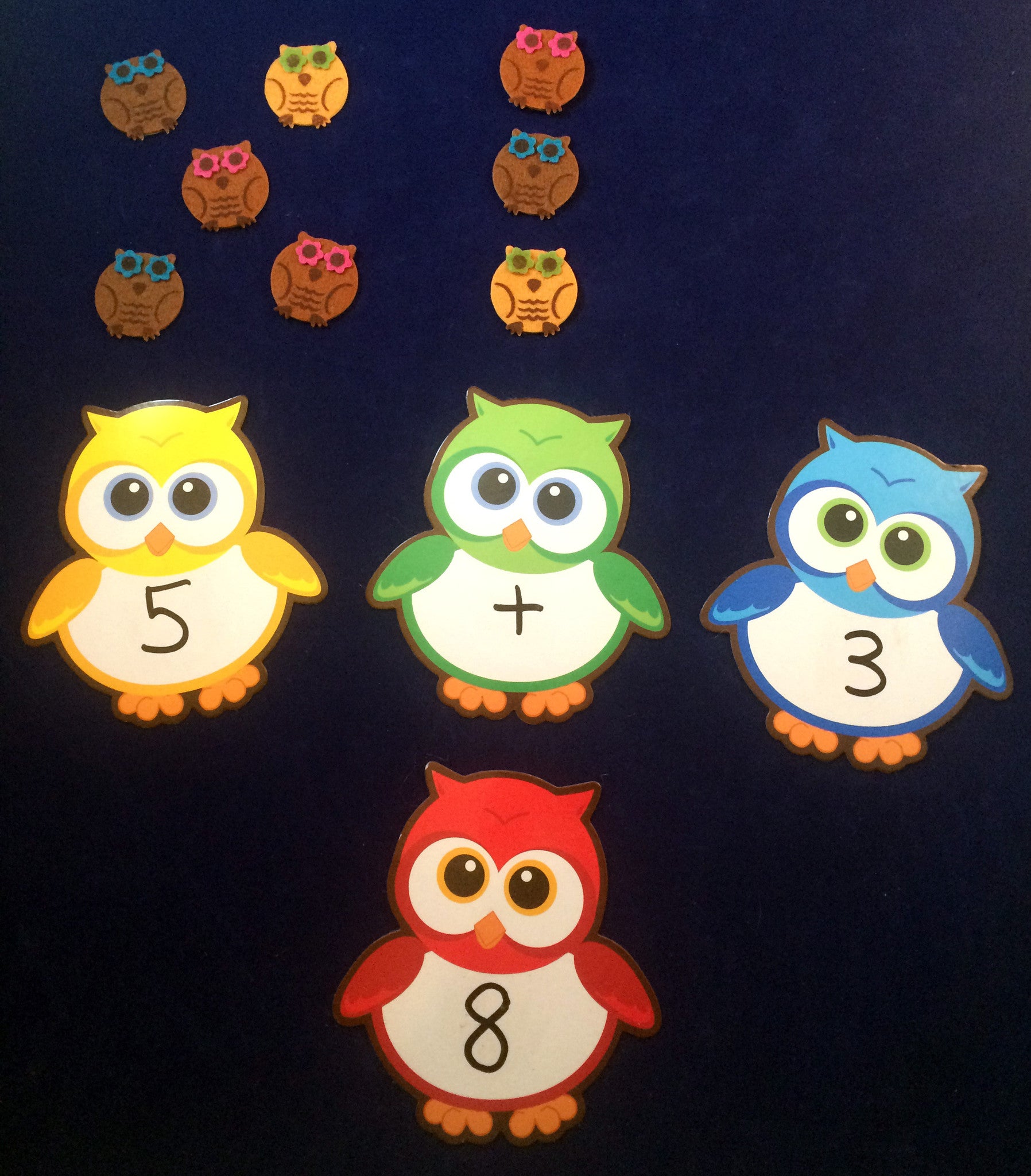 Math Activity - Owl Number Stories using felt owls and owl dry-erase boards inspired by Owl Babies