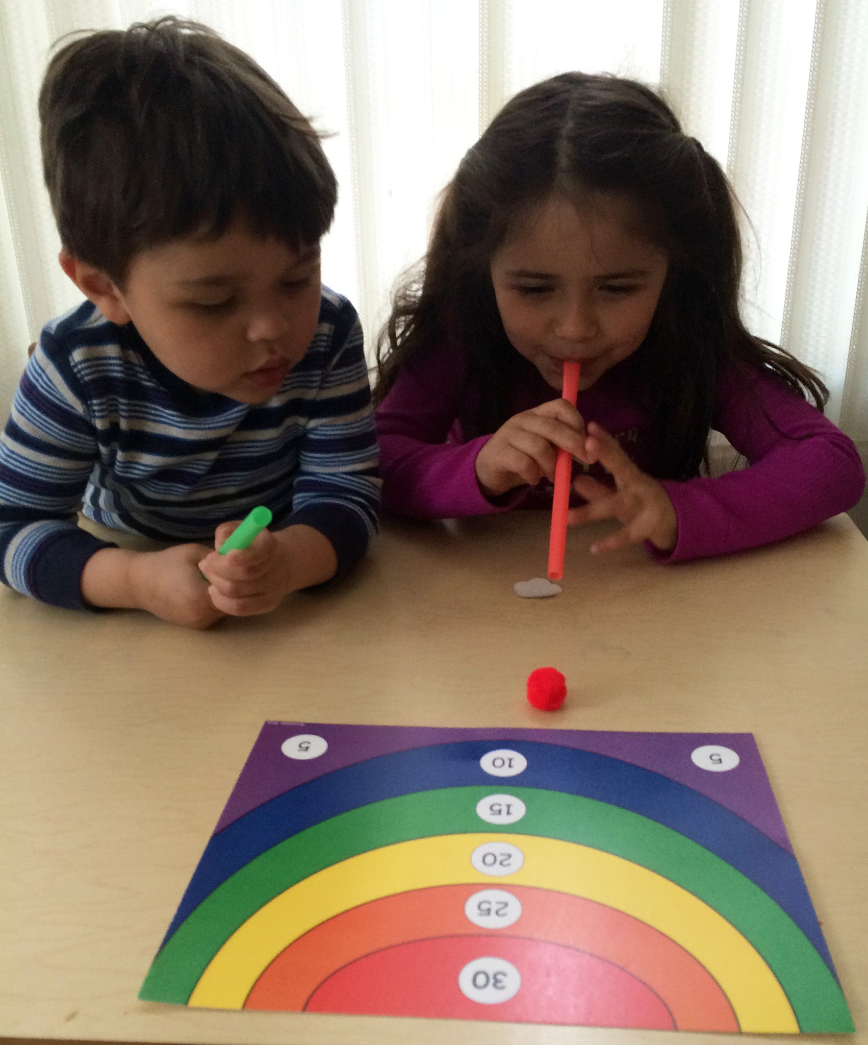 Pom-pom Bull's Eye, math game that uses wind energy, to go along with May's Ivy Kids kit featuring the book The Wind Blew by Pat Hutchins. 