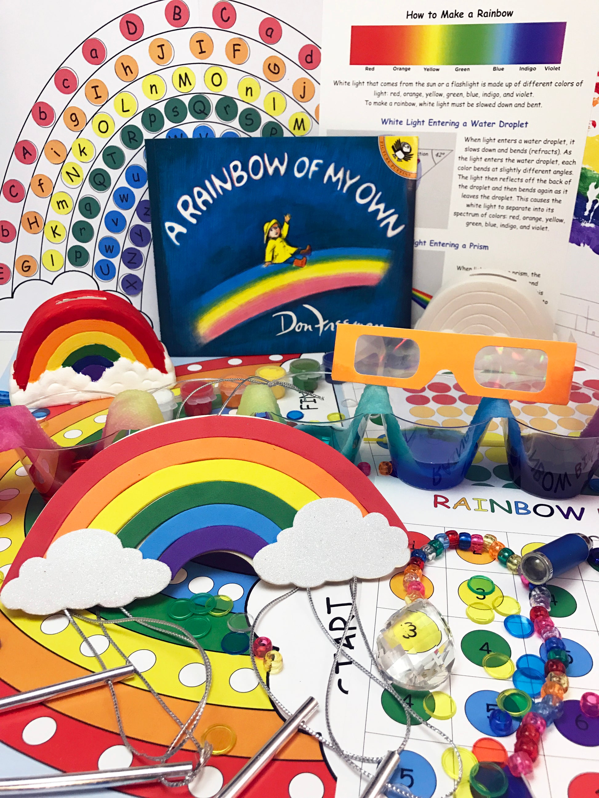 Math, science, art, and literacy activities inspire by the book A Rainbow of My Own by Don Freeman.