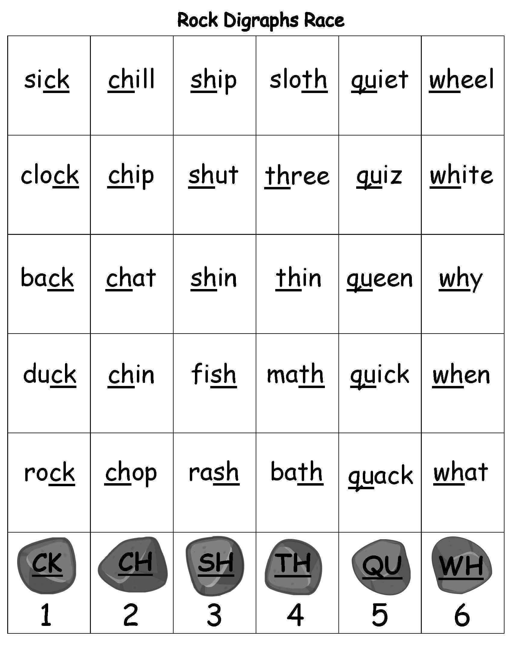 Rock Digraphs Race Literacy kids game