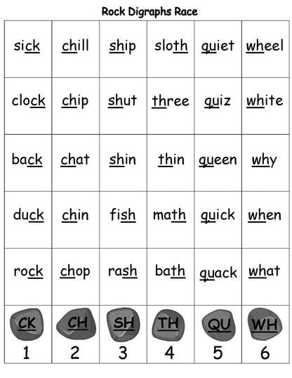 Rock Digraphs Race Literacy kids game
